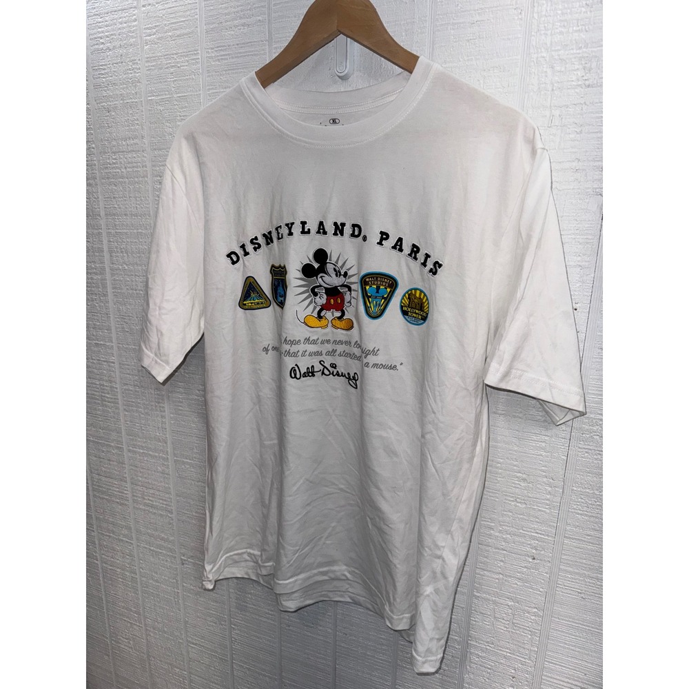 Disneyland Paris T-Shirt Women White Mickey Mouse Attraction Patches XL - Picture 2 of 7
